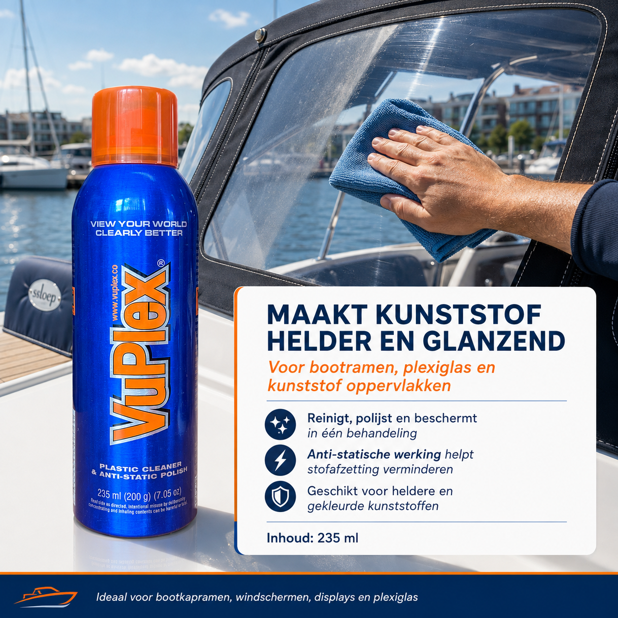VuPlex Plastic Cleaner & Anti-Static Polish 235 ml – Reiniger en Polish voor Bootramen, Plexiglas & Kunststof